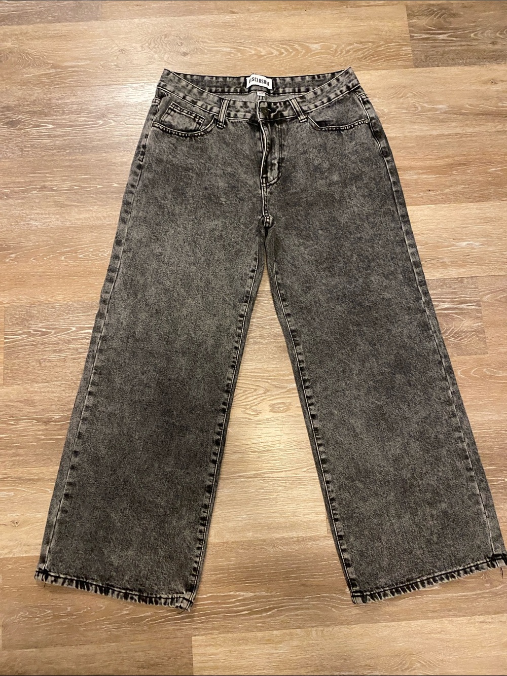Wide-Leg High-Rise Black Acid Wash Jeans